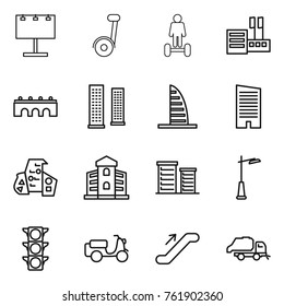 Thin line icon set : billboard, segway, hoverboard, store, bridge, skyscrapers, skyscraper, modern architecture, building, district, outdoor light, traffic, scooter shipping, escalator, trash truck