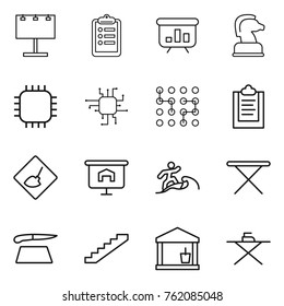 Thin line icon set : billboard, clipboard, presentation, chess horse, chip, under construction, surfer, iron board, cutting, stairs, utility room