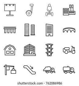 Thin line icon set : billboard, segway, hoverboard, store, bridge, skyscrapers, skyscraper, house, office, traffic light, scooter shipping, loading, escalator, trash truck, sweeper