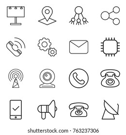 Thin line icon set : billboard, pointer, share, call, gear, mail, chip, antenna, web cam, phone, mobile checking, loudspeaker, satellite