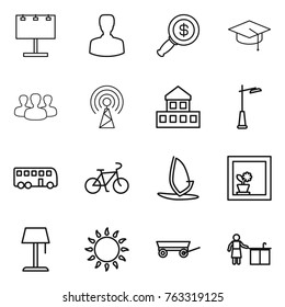 Thin line icon set : billboard, man, dollar magnifier, graduate hat, group, antenna, cottage, outdoor light, bus, bike, windsurfing, flower in window, floor lamp, gas oven, trailer, kitchen cleaning