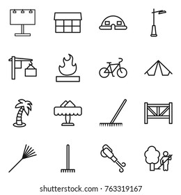 Thin line icon set : billboard, market, dome house, outdoor light, loading, flammable, bike, tent, palm, restaurant, rake, farm fence, blower, garden cleaning