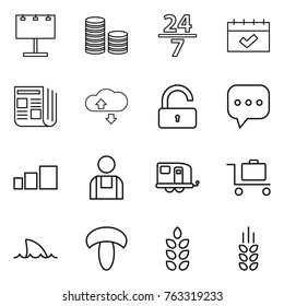Thin line icon set : billboard, coin stack, 24 7, calendar, newspaper, cloude service, unlock, sms, sorting, workman, trailer, baggage trolley, shark flipper, mushroom, spikelets
