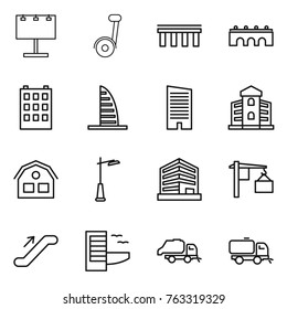 Thin line icon set : billboard,  bridge, building, skyscraper, house, outdoor light, office, loading, escalator, hotel, trash truck, sweeper