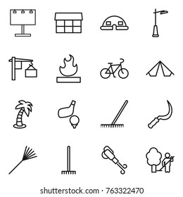 Thin line icon set : billboard, market, dome house, outdoor light, loading, flammable, bike, tent, palm, golf, rake, sickle, blower, garden cleaning