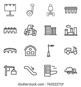 Thin line icon set : billboard,   hoverboard, bridge, modern architecture, district, city, house, outdoor light, scooter shipping, loading, escalator, hotel, trash truck