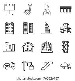 Thin line icon set : billboard, hoverboard, bridge, building, skyscrapers, skyscraper, modern architecture, city, house, office, traffic light, scooter shipping, loading, escalator