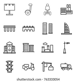 Thin line icon set : billboard, hoverboard, store, bridge, skyscrapers, skyscraper, building, district, city, outdoor light, traffic, scooter shipping, loading, sweeper