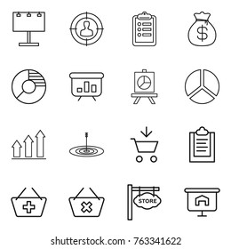 Thin line icon set : billboard, target audience, clipboard, money bag, circle diagram, presentation, graph up, add to cart, basket, delete, store signboard