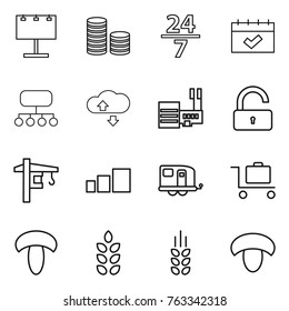 Thin line icon set : billboard, coin stack, 24 7, calendar, structure, cloude service, mall, unlock, tower crane, sorting, trailer, baggage trolley, mushroom, spikelets
