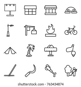 Thin line icon set : billboard, market, dome house, outdoor light, loading, flammable, bike, tent, palm, restaurant, golf, rake, sickle, blower, garden cleaning