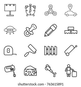 Thin line icon set : billboard, alarm clock, spinner, car pointer, ufo, nipple, pencil, block wall, measuring tape, repair, fence, suitcase, mixer, cheese, blower, garbage bin