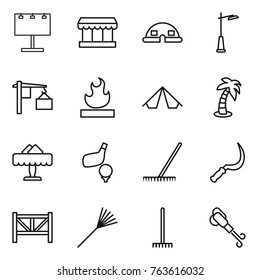 Thin line icon set : billboard, market, dome house, outdoor light, loading, flammable, tent, palm, restaurant, golf, rake, sickle, farm fence, blower