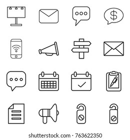Thin line icon set : billboard, mail, message, money, phone wireless, loudspeaker, singlepost, sms, calendar, terms, clipboard pen, document, do not distrub