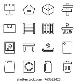 Thin line icon set : billboard, remove from basket, box, singlepost, package, rack, pallet, photo, table, hanger, cutting board, ring button, bank, trash bin