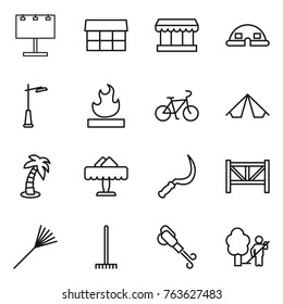 Thin line icon set : billboard, market, dome house, outdoor light, flammable, bike, tent, palm, restaurant, sickle, farm fence, rake, blower, garden cleaning