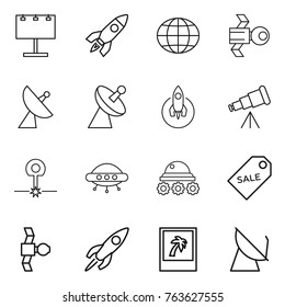 Thin line icon set : billboard, rocket, globe, satellite, antenna, telescope, laser, ufo, lunar rover, sale label, photo