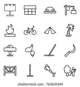 Thin line icon set : billboard, market, dome house, loading, flammable, bike, tent, palm, restaurant, golf, rake, sickle, farm fence, blower, garden cleaning
