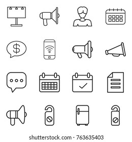 Thin line icon set : billboard, loudspeaker, woman, calendar, money message, phone wireless, megafon, sms, terms, document, do not distrub, fridge