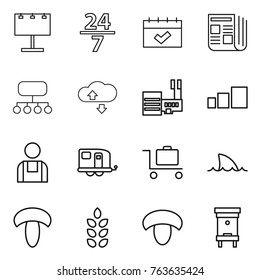 Thin line icon set : billboard, 24 7, calendar, newspaper, structure, cloude service, mall, sorting, workman, trailer, baggage trolley, shark flipper, mushroom, spikelets, hive