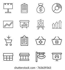 Thin line icon set : billboard, clipboard, money bag, circle diagram, statistics, presentation, graph up, add to cart, basket, delete, market, store signboard