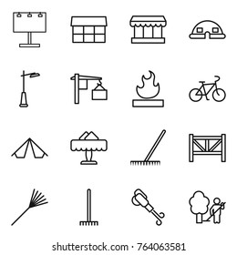 Thin line icon set : billboard, market, dome house, outdoor light, loading, flammable, bike, tent, restaurant, rake, farm fence, blower, garden cleaning