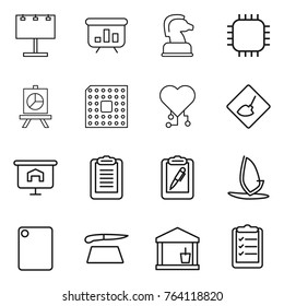 Thin line icon set : billboard, presentation, chess horse, chip, cpu, cardio, under construction, clipboard, pen, windsurfing, cutting board, utility room, list