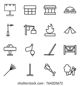 Thin line icon set : billboard, market, dome house, outdoor light, loading, flammable, tent, restaurant, golf, rake, farm fence, blower, garden cleaning