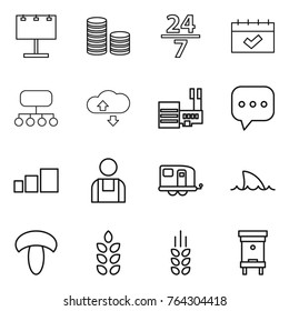Thin line icon set : billboard, coin stack, 24 7, calendar, structure, cloude service, mall, sms, sorting, workman, trailer, shark flipper, mushroom, spikelets, hive