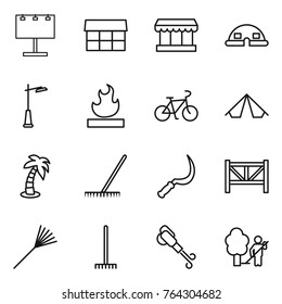 Thin line icon set : billboard, market, dome house, outdoor light, flammable, bike, tent, palm, rake, sickle, farm fence, blower, garden cleaning