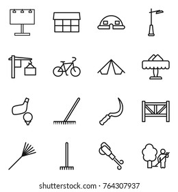 Thin line icon set : billboard, market, dome house, outdoor light, loading, bike, tent, restaurant, golf, rake, sickle, farm fence, blower, garden cleaning