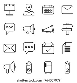 Thin line icon set : billboard, woman, calendar, mail, message, megafon, loudspeaker, singlepost, sms, terms, document, do not distrub, fridge