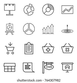 Thin line icon set : billboard, circle diagram, statistics, presentation, graph up, target, add to cart, clipboard, basket, delete, market, shopping list, store signboard