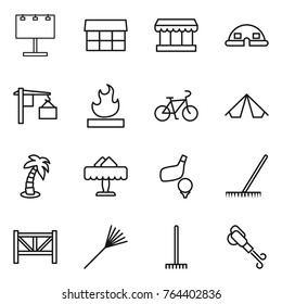 Thin line icon set : billboard, market, dome house, loading, flammable, bike, tent, palm, restaurant, golf, rake, farm fence, blower