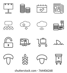 Thin line icon set : billboard, coin stack, calendar, newspaper, structure, cloude service, cloud wireless, mall, unlock, trailer, baggage trolley, shark flipper, mushroom, spikelets, hive