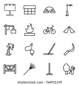 Thin line icon set : billboard, market, dome house, outdoor light, loading, flammable, bike, tent, palm, golf, rake, sickle, farm fence, garden cleaning