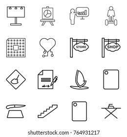 Thin line icon set : billboard, presentation, hoverboard, cpu, cardio chip, store signboard, shop, under construction, inventory, windsurfing, cutting board, stairs, iron