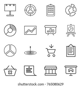 Thin line icon set : billboard, target audience, clipboard, circle diagram, statistics, presentation, add to cart, delete, shopping list, market