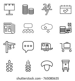 Thin line icon set : billboard, coin stack, 24 7, calendar, newspaper, structure, cloude service, mall, tower crane, sms, trailer, baggage trolley, spikelets, mushroom, hive