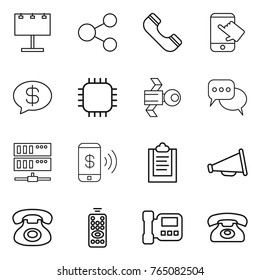 Thin line icon set : billboard, share, phone, touch, money message, chip, satellite, discussion, server, pay, clipboard, loudspeaker, remote control, intercome