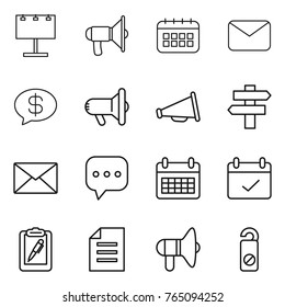 Thin line icon set : billboard, loudspeaker, calendar, mail, money message, megafon, singlepost, sms, terms, clipboard pen, document, do not distrub
