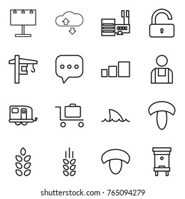 Thin line icon set : billboard, cloude service, mall, unlock, tower crane, sms, sorting, workman, trailer, baggage trolley, shark flipper, mushroom, spikelets, hive