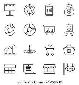 Thin line icon set : billboard, target audience, clipboard, money bag, circle diagram, presentation, graph up, add to cart, delete, market, shopping list, store signboard