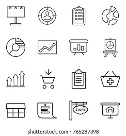 Thin line icon set : billboard, target audience, clipboard, circle diagram, statistics, presentation, graph up, add to cart, basket, market, shopping list, store signboard