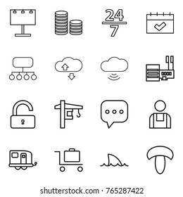 Thin line icon set : billboard, coin stack, 24 7, calendar, structure, cloude service, cloud wireless, mall, unlock, tower crane, sms, workman, trailer, baggage trolley, shark flipper, mushroom