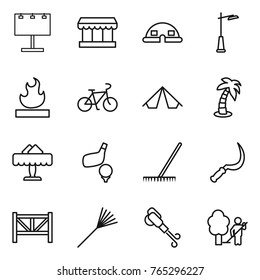 Thin line icon set : billboard, market, dome house, outdoor light, flammable, bike, tent, palm, restaurant, golf, rake, sickle, farm fence, blower, garden cleaning