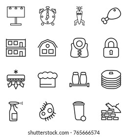 Thin line icon set : billboard, alarm clock, dna modify, chicken leg, modular house, life vest, locked, air conditioning, chief hat, salt pepper, pancakes, sprayer, microb, trash bin