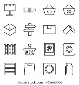 Thin line icon set : billboard, battery, remove from basket, delete cart, box, singlepost, package, label, pallet, photo, ring button, rack, cutting board, bank