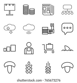 Thin line icon set : billboard, coin stack, newspaper, structure, cloude service, cloud wireless, mall, sms, sorting, workman, baggage trolley, shark flipper, mushroom, spikelets