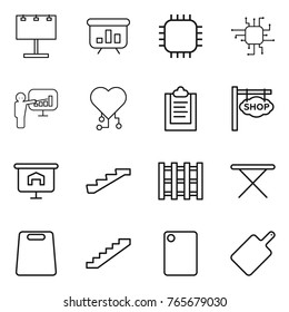 Thin line icon set : billboard, presentation, chip, cardio, clipboard, shop signboard, stairs, pallet, iron board, cutting